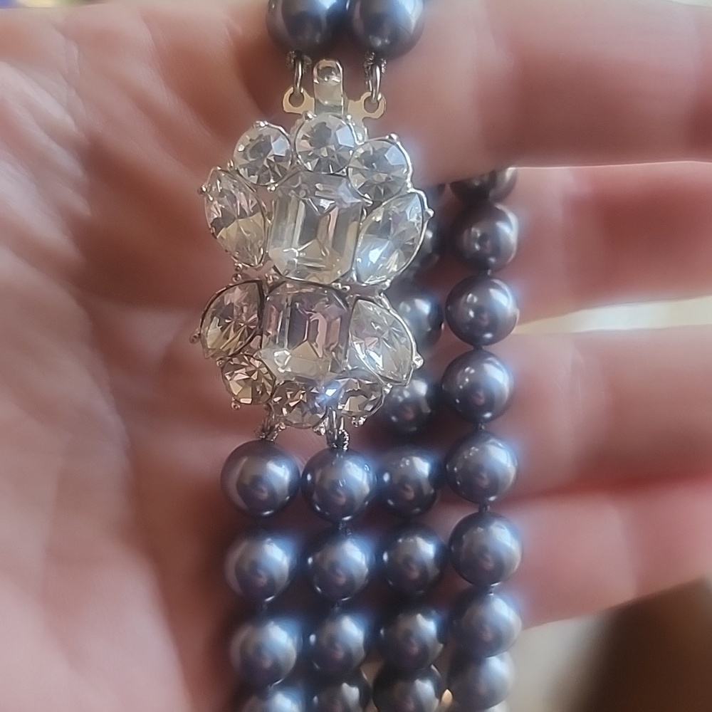 Gray black faux pearls double strand rhinestones sterling silver clasp b…